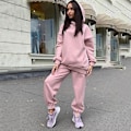 Miniatyrbild 1 av 5: 2-delad Hoodies Set Enfärgad Pullover Sweatshirt & Sweatpants Tjock träningsoverall Pink M