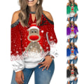 Miniatyrbilde 1 av 5: Ny langermet V-hals bluse med trykk for kvinner Red 4XL