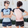 Miniatyrbild 4 av 11: Kortärmade kvinnor Rashguard med pojkshorts Tvådelade delade baddräkter Studenter Magkontroll badkläder för semester Pink XL