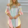 Miniatyrbilde 11 av 11: Dameskjorte med stripete trykk Dame langermet bluse off Shoulder Pattern 2 L
