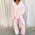 Miniatyrbild 1 av 4: Tvådelad klädsel med bred ben för damer Polar Fleece V-hals Lounge Set Pink XL