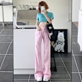 Pikkukuva 3 / 5: FINORD Retro Vaaleanpunaiset Kellohousut Naisten Taskulliset Streetwear Korkea Vyötärö Baggy-farkut Löysät Korealaiset Levenevät farkut Pink M