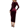 Miniatyrbild 4 av 4: Elegant sammet långärmad omlott V-hals Ruched Bodycon festklänning för kvinnor Wine Red S