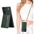 Miniatyrbild 1 av 5: Case i läder för Samsung Galaxy S23 Ultra/ S23+/ S23 med halsrem & stativ & dragkedja Green for S23 Ultra