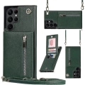 Miniatyrbild 2 av 5: Case i läder för Samsung Galaxy S23 Ultra/ S23+/ S23 med halsrem & stativ & dragkedja Green for S23 Ultra