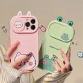 Miniatyrbild 3 av 5: Cartoon 3d Ear Bear Cat Frog Söt Slide Lins Protection Case För Iphone 14 12 13 11 Pro Xs Max X Xr Push Pull Bumper Mjukt cover Cat For iphone 14Plus