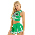 Miniatyrbild 1 av 4: Kvinnor Vuxna Cheerleader Uniform Performance Outfit Japansk Skolflicka Cosplay Kostym Ärmlös Crop Top Mini plisserad kjol Green B M