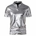 Miniatyrbild 1 av 4: Herr V-ringad Sparkle Kortärmade Glänsande Pikétröjor 70-tal 80-tal Disco Party Casual T-shirts T-tröjor Silver L