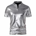 Miniatyrbild 1 av 4: Herr V-ringad Sparkle Kortärmade Glänsande Pikétröjor 70-tal 80-tal Disco Party Casual T-shirts T-tröjor Silver M