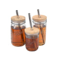 Miniatyrbild 5 av 5: Masonburkar i glas Smoothiekoppar med bred mun Återanvändbara Boba-tekoppar med bambulock och silverhalm 960ML 2Pcs