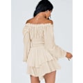 Miniatyrbild 2 av 4: Kvinnor Off Shoulder Långärmad Romper Shorts Ruffle Jumpsuit Playsuit Apricot M