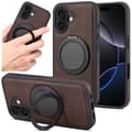 Äkta Läder Basic Fodral för iPhone 16, Hudkänsla Läderfodral med Roterande Magnetiskt Dold Fällbart Stöd Trådlös Laddning Kompatibel