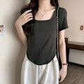 Pikkukuva 4 / 5: Olkapää neliökaulus lyhythihainen T-paita naisten puuvilla kesä design-sense slim-fit all-match puhdas Spice Girl lyhyt T-paita Top Carbon Gray 2XL