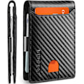 Miniatyrbillede 1 af 7: Slanke tegnebøger til mænd - Læder pengeklips til mænd - RFID-blokerende frontlomme Bifold-pung - Minimalistisk kreditkortholder med gaveæske Carbon Black