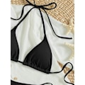 Miniatyrbilde 3 av 7: WJSM Kvinners Halterneck Tie Side Triangle Bikini Set Høy Snit 2 Delers Bikini Badetøy Ribbed Black M