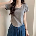 Pikkukuva 2 / 5: Olkapää neliökaulus lyhythihainen T-paita naisten puuvilla kesä design-sense slim-fit all-match puhdas Spice Girl lyhyt T-paita Top Flower Gray M