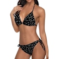 Miniatyrbillede 3 af 5: WJSM Kvinde Trekantet Bikini Sæt Halter Todelt Sexet Badetøj String Binde Side Badetøj Black Polka Dot XL