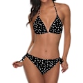 Miniatyrbillede 1 af 5: WJSM Kvinde Trekantet Bikini Sæt Halter Todelt Sexet Badetøj String Binde Side Badetøj Black Polka Dot XL