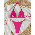 Miniatyrbilde 2 av 7: WJSM Dame Halterneck Tie Side Triangle Bikinisett Høy Skjæring 2 Delers Bikini Badetøy Hot Pink Solid M