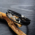 Miniatyrbillede 6 af 9: Herrearmbånd i læder med manchet - sort, brun, flerlags flettet reb, guitar diskantnøgle, musiknote smykker, justerbar
