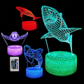 Miniatyrbild 1 av 7: 3D Hajnattlampa, 16 Färgbyten, Dimbar Fjärrkontroll/Smart Touch, 4 st 3D Hologram Illusion Lampa, Delfin Sänglampa (Havsdjur)