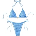 Miniatyrbillede 1 af 7: WJSM Dame Halterneck Binde Side Trekant Bikini Sæt Høj Skæring 2-delt Bikini Badetøj Blue Color L