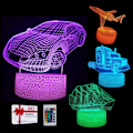 Miniatyrbilde 1 av 7: 3D Bil Nattelys, 16 Fargeendringer, Justerbar Fjernkontroll/Smart Berøring, 4 stk 3D Hologram Illusionslampe, Sportsbil USB-lys (Reiseverktøy)