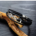 Miniatyrbillede 8 af 9: Herrearmbånd i læder med manchet - sort, brun, flerlags flettet reb, guitar diskantnøgle, musiknote smykker, justerbar
