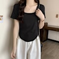 Pikkukuva 5 / 6: Olkapää neliökaulus lyhythihainen T-paita naisten puuvilla kesä design-sense slim-fit all-match puhdas Spice Girl lyhyt T-paita Top Black L