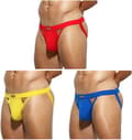 Herre atletisk støtteundertøj i strækbart mesh jockstrap multipakke Red Blue Yellow L