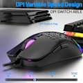 Miniatyrbild 3 av 8: Trådbunden Spelmus, Lättvikts RGB Spelmus, 4 Justerbara DPI Upp till 3600, 6 Programmerbara Knappar, Ergonomisk Datormus för Windows/PC/Mac