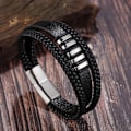 Miniatyrbillede 2 af 5: Læderarmbånd til mænd, ægte flettet læderarmbånd, armbånd med flere lag læder med magnetisk rustfrit stål