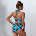 Miniatyrbilde 2 av 5: Kvinners Halterneck Leopard Bandeau Bikini Høy Midje Todelt Badedrakter, Blå, XL