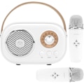 Miniatyrbild 1 av 5: Vit minikaraokemaskin för barn, bärbar Bluetooth-högtalare med 2 trådlösa mikrofoner, retrohögtalarset stereoljud förbättrat
