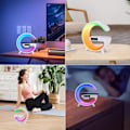 Miniatyrbilde 6 av 6: Ny trådløs høyttalerlader, atmosfære nattbordslampe med trådløs ladestasjon, musikklampe 4 i 1 Vekkerklokke og Bluetooth-høyttaler Julegave White