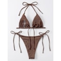 Miniatyrbillede 2 af 6: WJSM Dame Halter Binde Side Trekant Bikini Sæt Høj Skæring 2 Del Bikini Badetøj Brown1 M
