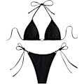 Miniatyrbillede 2 af 7: WJSM Dame Halter Binde Side Trekant Bikini Sæt Høj Skæring 2 Del Bikini Badetøj Rhinestone Black M