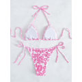 Miniatyrbillede 2 af 6: WJSM Dame Halter Binde Side Trekant Bikini Sæt Høj Skæring 2-delt Bikini Badetøj Pink C S