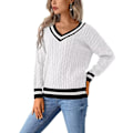 Miniatyrbilde 3 av 5: Dame kabelstrikket V-hals genser casual langærmet pullover løs off shoulder genser topp, myk, komfortabel og hudvennlig.