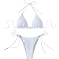 Miniatyrbillede 3 af 6: WJSM Dame Halter Binde Side Trekant Bikini Sæt Høj Skæring 2 Del Bikini Badetøj Rhinestone White M