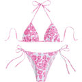 Miniatyrbild 1 av 6: WJSM Dam Halter Tie Side Triangle Bikini Set Hög Skuren 2 Delad Bikini Baddräkt Pink C M