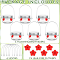 Miniatyrbillede 5 af 7: 6 stk. Mason Jar Hummingbird Feeder Glas Hummingbird Dish Feeder med 4 Blomster Foderporte til Udendørs Hængende Vindue Yard Have Dekoration