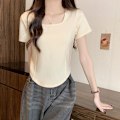 Pikkukuva 2 / 6: Olkapää neliökaulus lyhythihainen T-paita naisten puuvilla kesä design-sense slim-fit all-match puhdas Spice Girl lyhyt T-paita Top Apricot XL