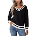 Miniatyrbild 1 av 5: Kvinnors kabel stickad V-ringad tröja casual långärmad pullover lös off shoulder jumper topp, mjuk, bekväm och hudvänlig.