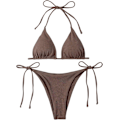 Miniatyrbillede 1 af 6: WJSM Dame Halter Binde Side Trekant Bikini Sæt Høj Skæring 2 Del Bikini Badetøj Brown1 M