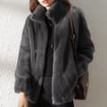 Dam fleece fluffig Teddy Bear Coat Plain Pocket Jacka Ytterkläder Grå Grå XL
