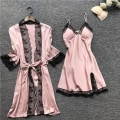 Miniatyrbild 4 av 5: Sovkläder Set Silk Pyjamas Nattlinne (4 delar set)