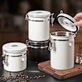 Miniatyrbild 2 av 11: Rostfritt Stål Kanister med Sked & Datumspårare Kaffeburkar Förvaringsbehållare För Tea Socker Mjöl vit 1.2L