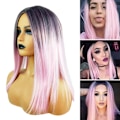 Miniatyrbild 2 av 9: Svart Rosa Gradient Lång Peruk DIY Rak Lättviktsperuk Tillbehör för daglig makeup Pink
