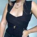Miniatyrbild 2 av 4: Kvinnor Stickad Väst Bandage Tröja Mode Ärmlös Crop Top Höst Solid Pullover Svart